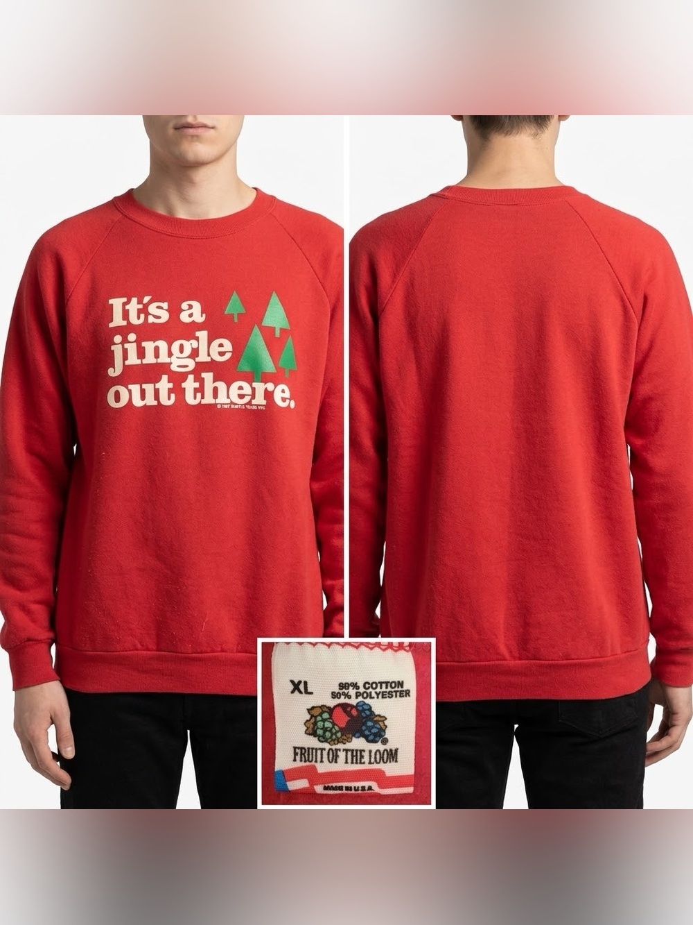 Vintage 1987 Fruit of the Loom Christmas Sweatshirt XL Red Made in USA Raglan